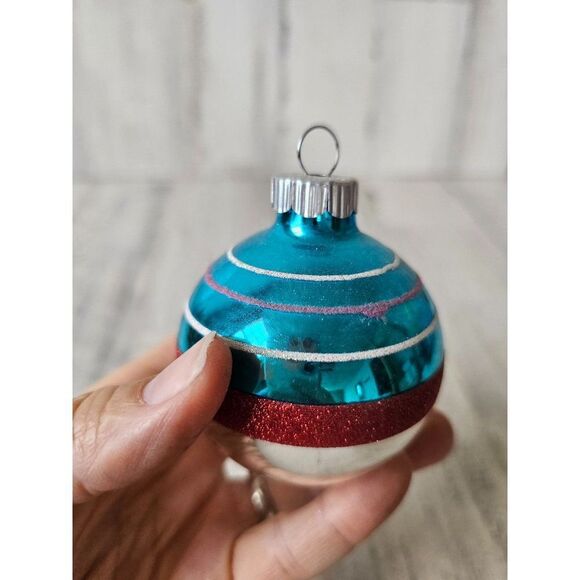 Vintage radko reflector shiny bright blue striped ball ornament silver Xmas tree - Picture 5 of 9